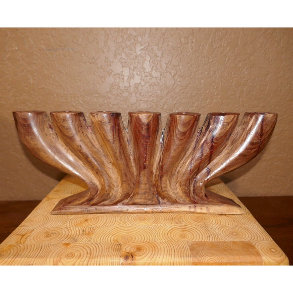 Wood Hand Carved Kwanza Kinara 7 Branches Candle Holder - Picture 1 of 16